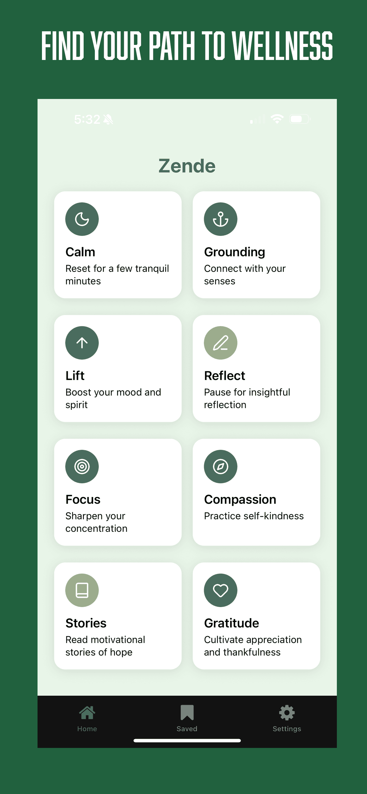 Zende home screen showing wellness categories