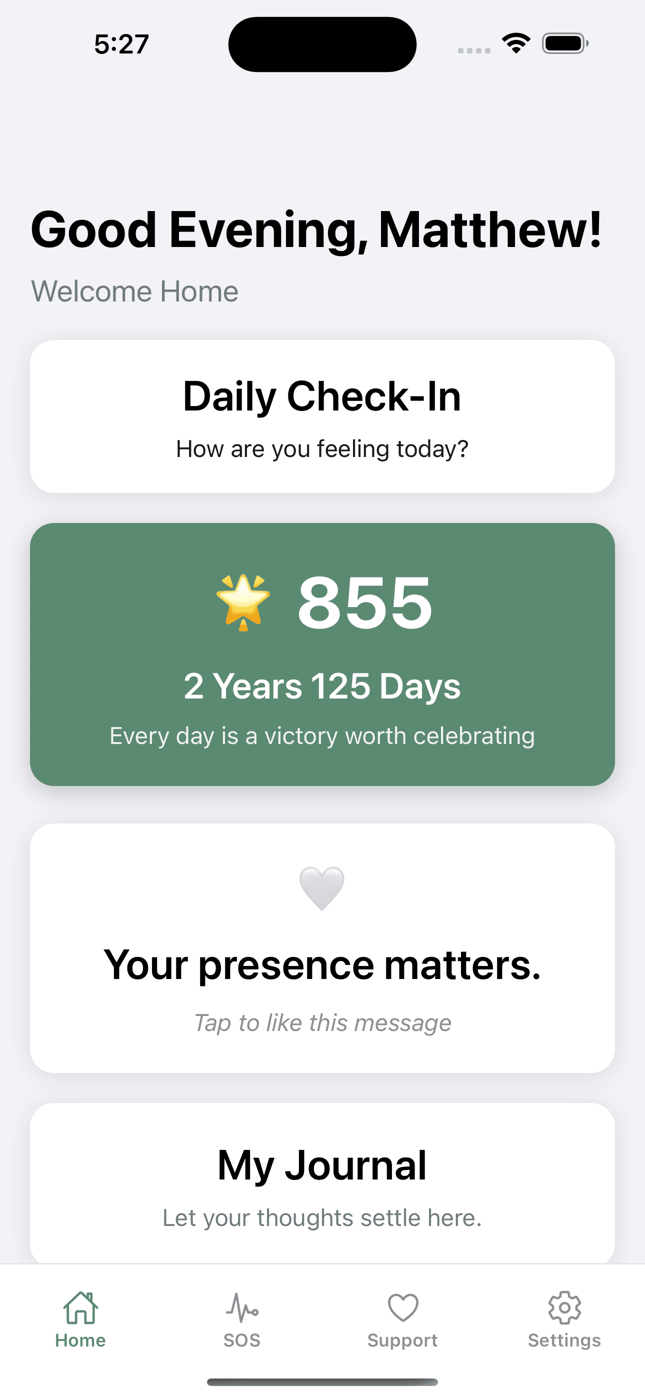 SoberBalance home screen showing progress tracker